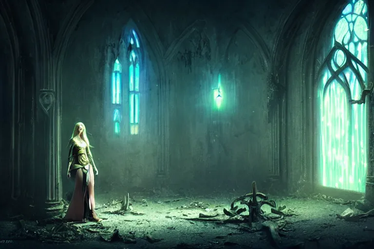 Prompt: an ultra realistic, cinematic, fantasy, painting, of an elden ring elf, fairy lights, facial features, stood outside an abandoned church, with futuristic buildings and neon signs, detailed, deep focus, movie still, dramatic lighting, ray tracing, by michal karcz and yoshitaka amano