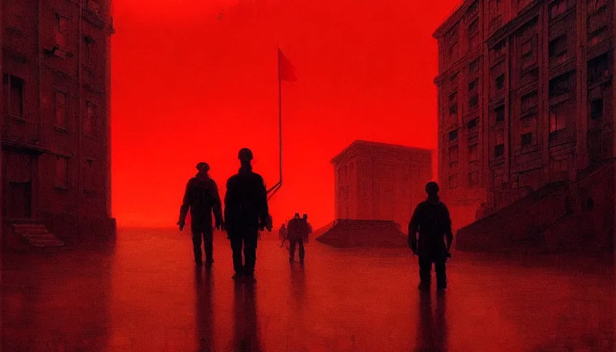 Image similar to only with red, soviet communism horror city apocalyptic atmosphere with soviet flag, in the style of beksinski, by edward hopper and rodcenko and yue minjun and cory loftis, intricate and epic composition, red by caravaggio, highly detailed, masterpiece, red light, artstation, art nouveau