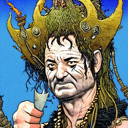 Image similar to a high fantasy closeup portrait of bill murray as a mystical druidic punk warrior giving the camera the middle finger by rebecca guay, michael kaluta, charles vess and jean moebius giraud