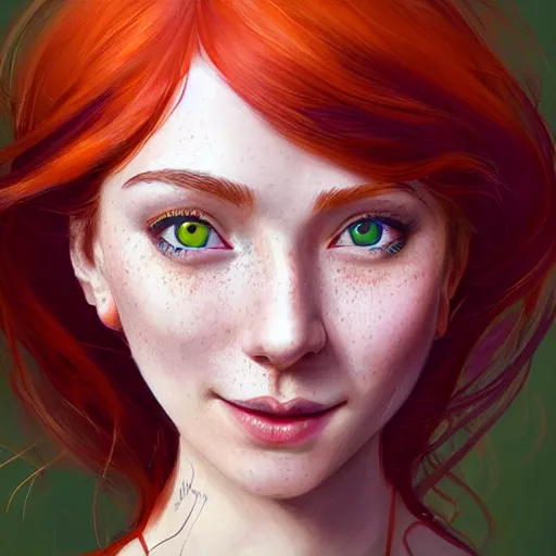 Prompt: close up portrait of a beautiful smiling girl with orange hair and freckles, green eyes, happy intricate, elegant. highly detailed, digital painting, artstation, concept art, smooth, sharp, focus, illustration. background is purple, art by artgerm and Ross Tran