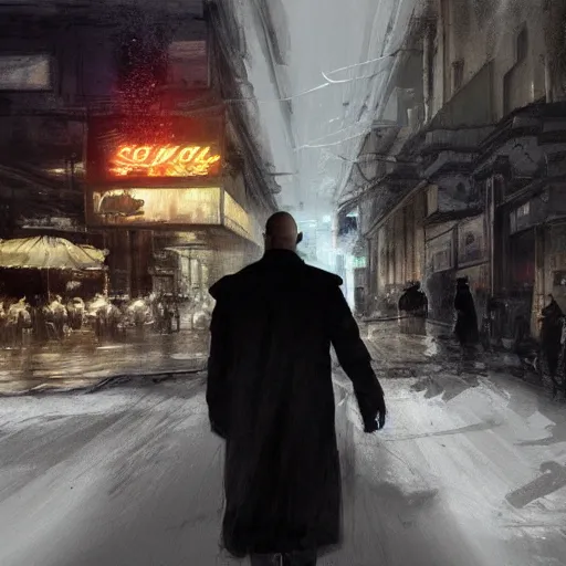 Image similar to painting of an undercover cup, long coat, concept art, at europe, mediterranean origin, bald with short beard, max payne, call of duty, city environment in a casino, dramatic lighting, digital art, 8 k, extremely detailed, drawn by ruan jia