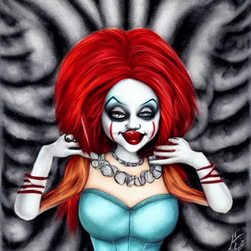 Image similar to grunge cartoon painting of kylie jenner with a wide smile and a red balloon by chris leib, loony toons style, pennywise style, corpse bride style, horror theme, detailed, elegant, intricate