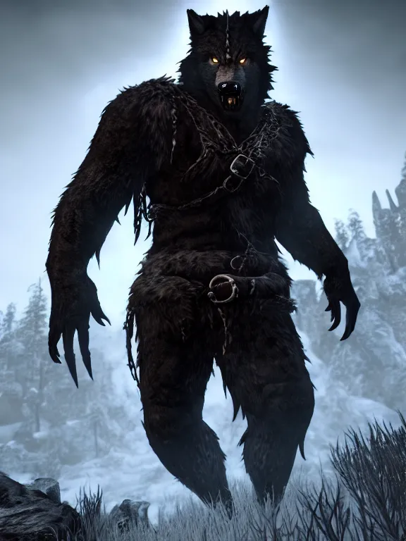 Image similar to cute handsome cuddly burly surly relaxed calm timid werewolf from van helsing unreal engine hyperreallistic render 8k character concept art masterpiece screenshot from the video game the Elder Scrolls V: Skyrim