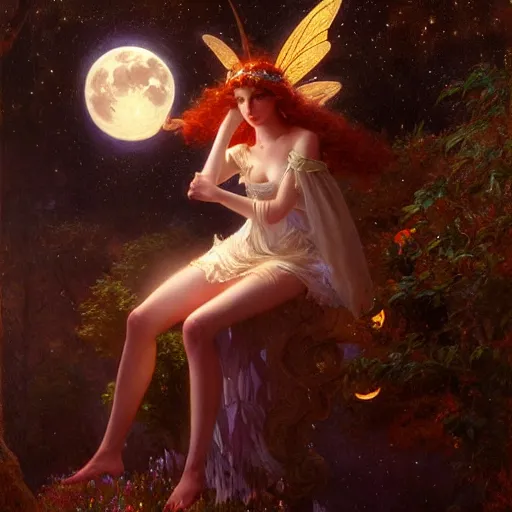 Image similar to attractive fairy magically floating high in the night, fantasy, full moon in background. highly detailed painting by gaston bussiere, craig mullins, j. c. leyendecker, mid shot, 8 k realistic, cryengine, frostbite 3 engine, sharp focus