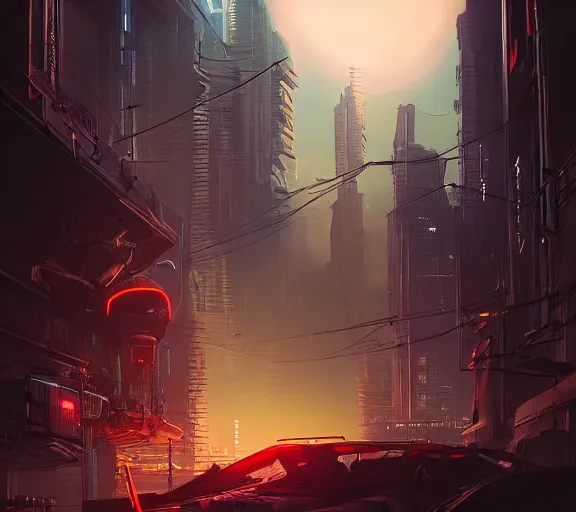 Image similar to cyberpunk fantasy world with beautiful sunse, amazing digital art, trending on artstation