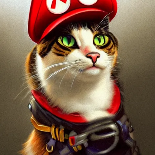 Image similar to Portrait of a Cat dressed as Super Mario, Mario hat, nintendo, highly detailed, digital painting, artstation, concept art, smooth, sharp focus, illustration, art by artgerm and greg rutkowski and alphonse mucha