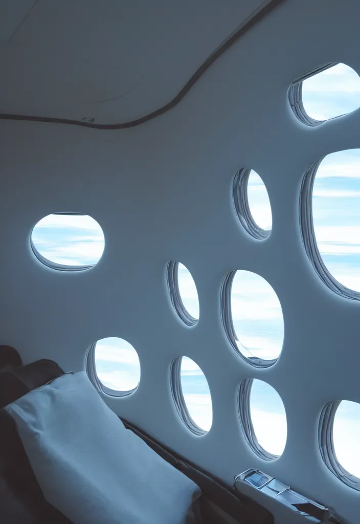 Prompt: Interior of a private jet with the blue sky visible in a window