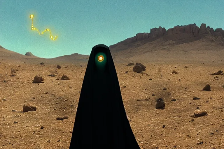 Prompt: levitating bene gesserit priest with full - face golden mask and glowing eyes in a dry rocky desert landscape, visible sky and sunny atmosphere, fata morgana giant mirrors, black star in the sky by alejandro jodorowsky and christopher doyle, anamorphic lens flares, kodakchrome, cinematic composition, practical effects, 8 k,