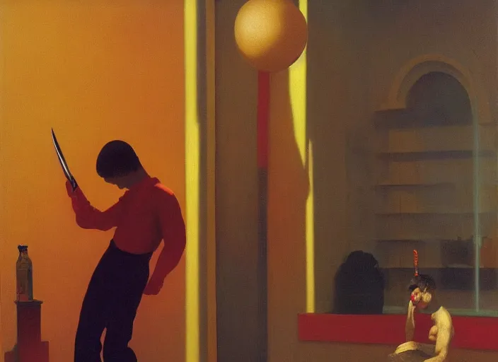 Image similar to A beauty man with a knife in his hand stands in a drugstore and buys a black inflatable balloon, highly detailed, soft lighting, elegant, by Edward Hopper and James Gilleard, Zdzislaw Beksinski, Steven Outram, highly detailed