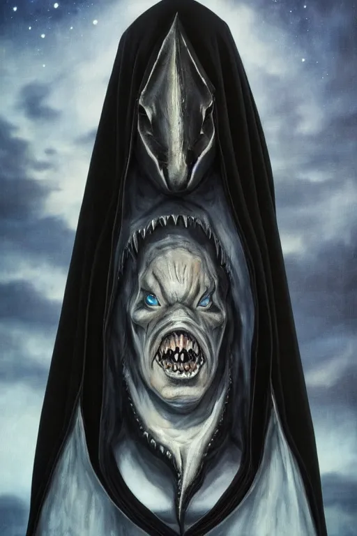Prompt: sideview waist up portrait of shark with big antler wear black cape hoodie made with porcelain by jeff easley and peter elson, beautiful eyes and face, symmetry face, galaxy, gothic, surreal, dread, highly detailed, intricate complexity, epic composition, magical atmosphere, masterpiece, award winning, trending on artstation