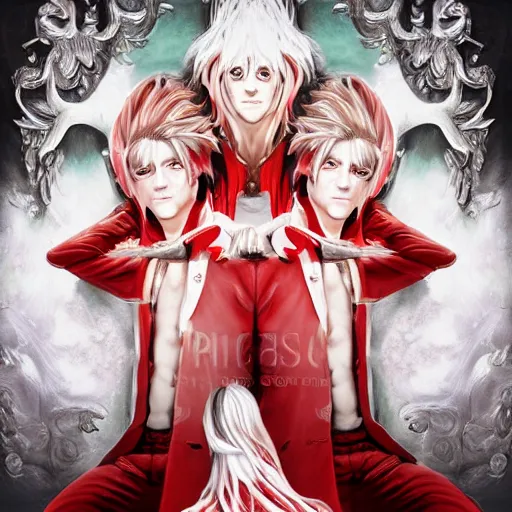 Prompt: Epic rococo painting of two young identical twins males, with white skin, long white hair and red eyes. Wearing red clothes. Middle age. Shin megami tensei style, ultra-detailed. Anime, pixiv, UHD 8K CryEngine, octane render