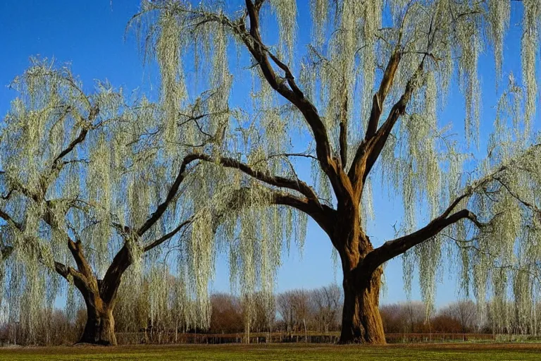 Image similar to A 2000 year old Weeping willow tree, on a center of an amazing spring field, hyperrealistic, hyper detailed, smooth light, birds in the sky, wide angle lens,