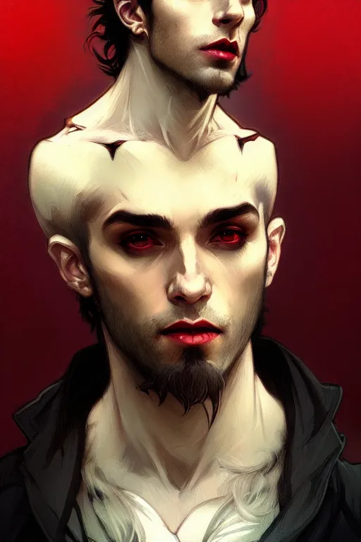 Image similar to portrait of a beautiful young fit male vampire with curly white hairs and yellow eyes, dressed with urban clothes, by greg rutkowski and alphonse mucha, d & d character, gradient white to red, modern nocturnal background, highly detailed portrait, digital painting, artstation, concept art, smooth, sharp focus ilustration, artstation hq