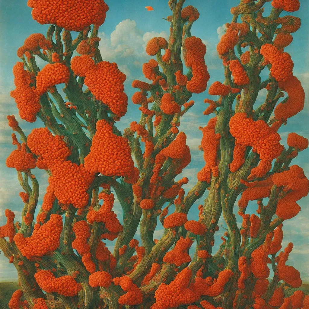 Image similar to a single! colorful! ( coral ) fungus tower clear empty sky, a high contrast!! ultradetailed photorealistic painting by jan van eyck, audubon, rene magritte, agnes pelton, max ernst, walton ford, andreas achenbach, ernst haeckel, hard lighting, masterpiece