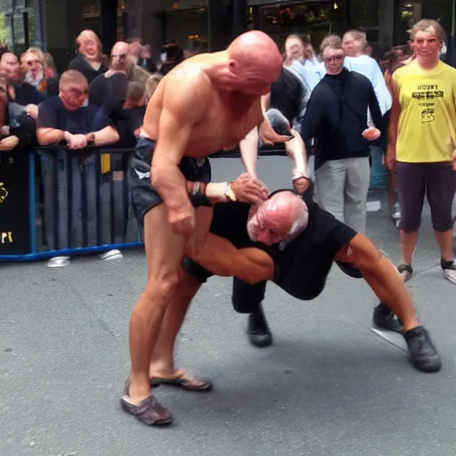 Image similar to mr. t street performer body slamming old man, detailed facial expressions