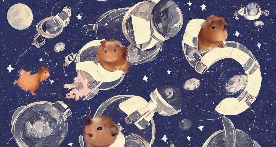 Image similar to guineapigs's portrait on the cover of vogue magazine flying in space suits, deep dark universe, twinkling and spiral nubela, warmhole, beautiful stars, 4 k, 8 k, by hokusai, samurai man vagabond, detailed, editorial illustration, matte print, concept art, ink style, sketch, digital 2 d