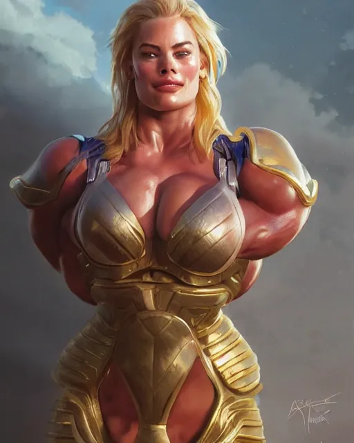 Image similar to full figure ultra realistic illustration, margot robbie as thick female bodybuilder knight zarya from overwatch smiling with closed eyes, intricate, elegant, highly detailed, digital painting, artstation, concept art, smooth, sharp focus, illustration, art by artgerm and greg rutkowski and alphonse mucha