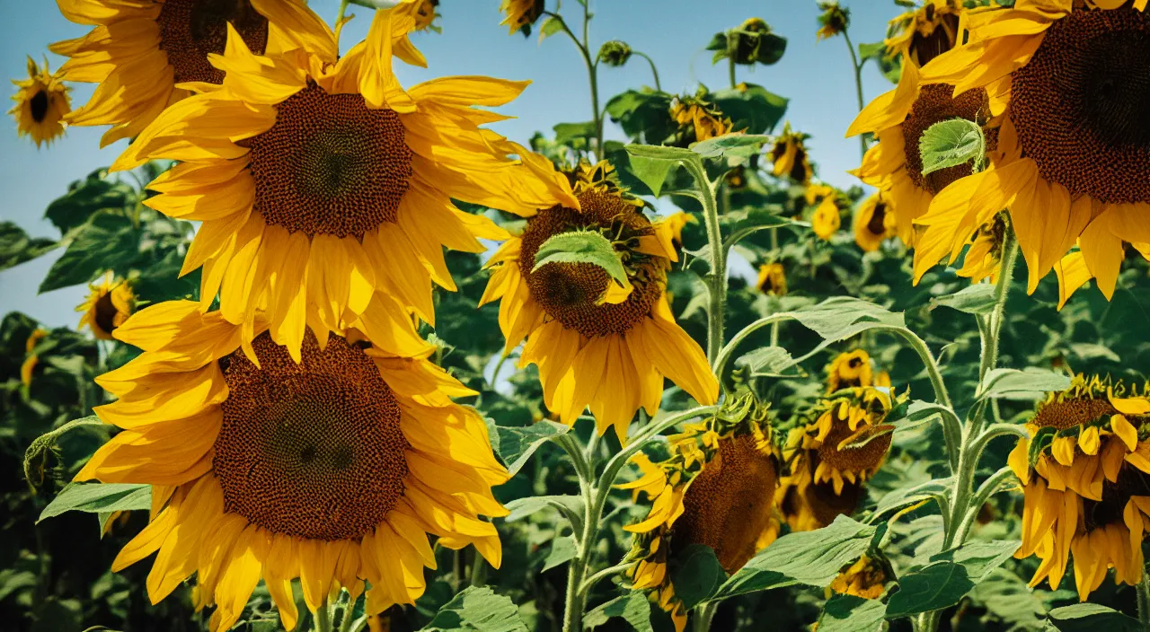 Image similar to macro shot of sunflowers on a hot summer day being pollinated by psychadelic bees, canon 1 0 0 mm, wes anderson film, kodachrome