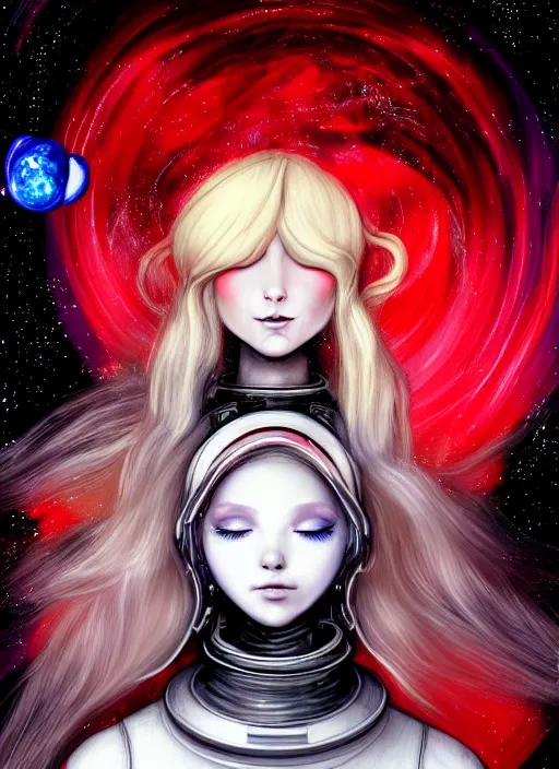 Prompt: highly detailed portrait of a hopeful pretty astronaut lady with a wavy blonde hair, by Brian Froud, 4k resolution, nier:automata inspired, bravely default inspired, vibrant but dreary but upflifting red, black and white color scheme!!! ((Space nebula background))