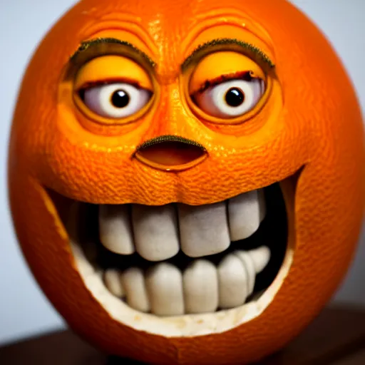 Image similar to a taxidermized annoying orange, in a museum, 8 5 mm lens, 7 0 mm entrance pupil diameter