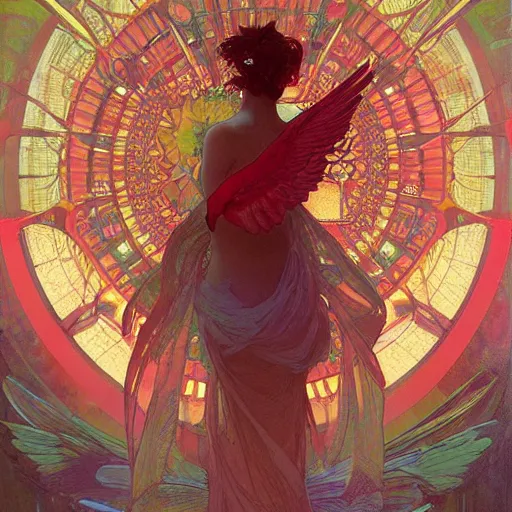 Image similar to the beautiful solarpunk phoenix, aesthetic red bird, volumetric light, bokeh, painting by greg rutkowski by alphonse mucha