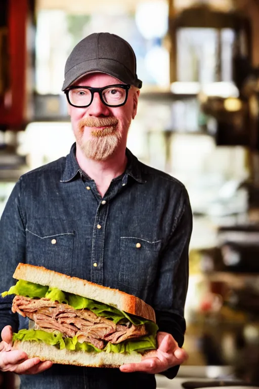 Prompt: 📷 portrait of adam savage is a sandwich, food head, still image, dynamic lighting, 4 k