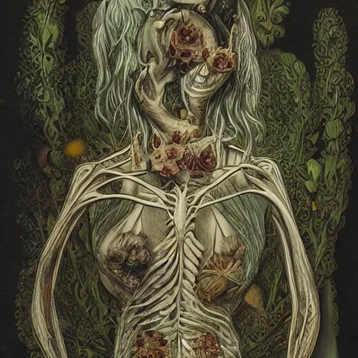 Image similar to a beautiful detailed photo of a rotten woman corpse morphing into fractal plants and fractal flowers and mushrooms, muscles, veins, anatomical, intricate, ornate, volumetric light, beautiful lit, manet