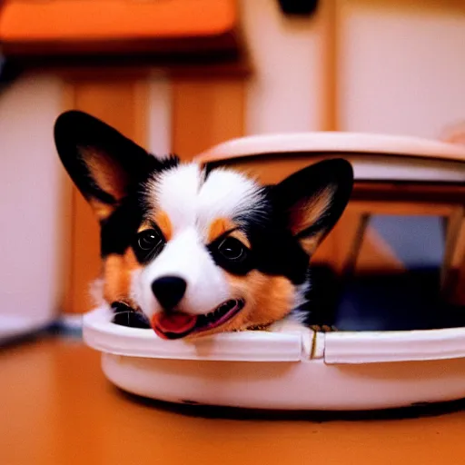 Image similar to photo cute corgi lives in a house made out of sushi, cinestill, 800t, 35mm, full-HD