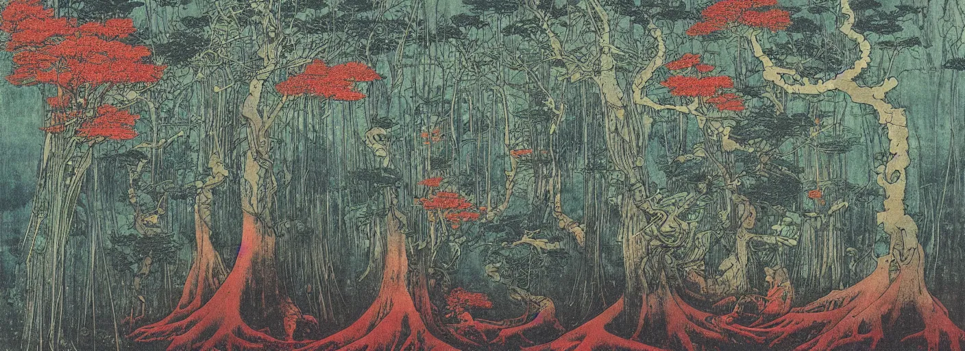 Image similar to huge bonsais in an otherworldly forest, katsushika hokusai, beksinski, high details, colorful, midnight, eerie