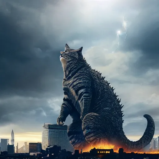 Prompt: a giant cat standing on hind legs destroying city, style of godzilla, low angle, realistic, 8 k
