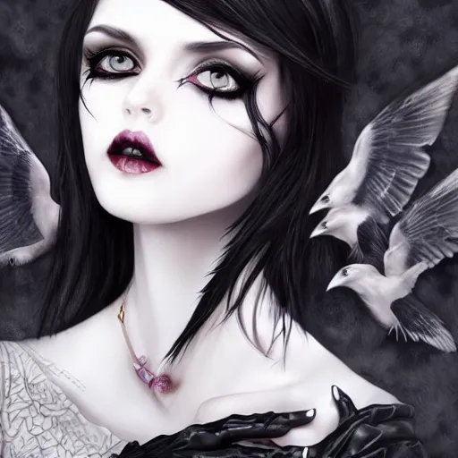 Image similar to dark haired girl, goth style, raven on her hand, pale gentle face, highly detailed intricate goth outfit, sharp, 8 k ultra realistic illustration, digital art by sakimichan, trending on artstation