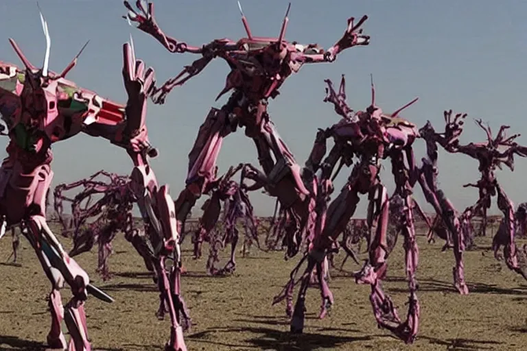 Image similar to evangelion unit 0 1 in a still from the movie district 9 ( 2 0 0 9 ) directed, by neill blomkamp