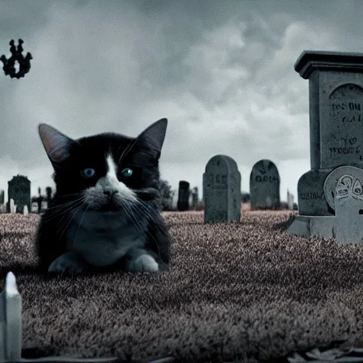 Prompt: The movie still from Tim Burton movie featuring a cat and a dog and a cemetery