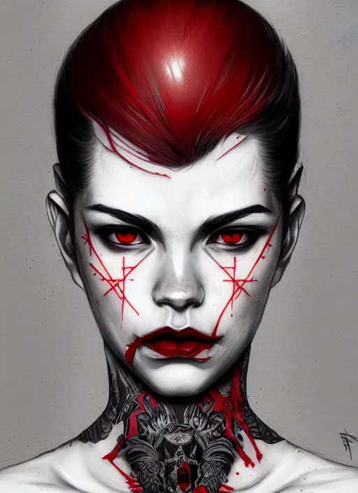 Prompt: portrait of a deadly vampire, tattoos, red and black techwear, tacticool, symmetry face, science fantasy, extremely detailed, holographic, smooth, digital illustration, by, kuvshinov ilya, james jean, by rossdraws, frank franzzeta, sakimichan, jeremy lipking