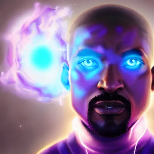 Prompt: a beautiful Purple Magician based on Will Smith with glowing aura holding an orb by Greg Rutkowski and Raymond Swanland, Trending on Artstation, cloudy background, ultra realistic digital art