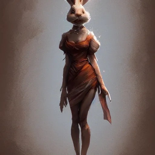 Image similar to A beautiful anthropomorphic rabbit woman in a dress, artstation, highly detailed, greg rutkowski