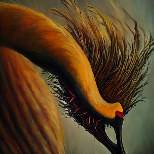 Image similar to hyperrealistic evil swan demon with long curly feathers, gritty horror oil painting, ultra detailed and disturbing