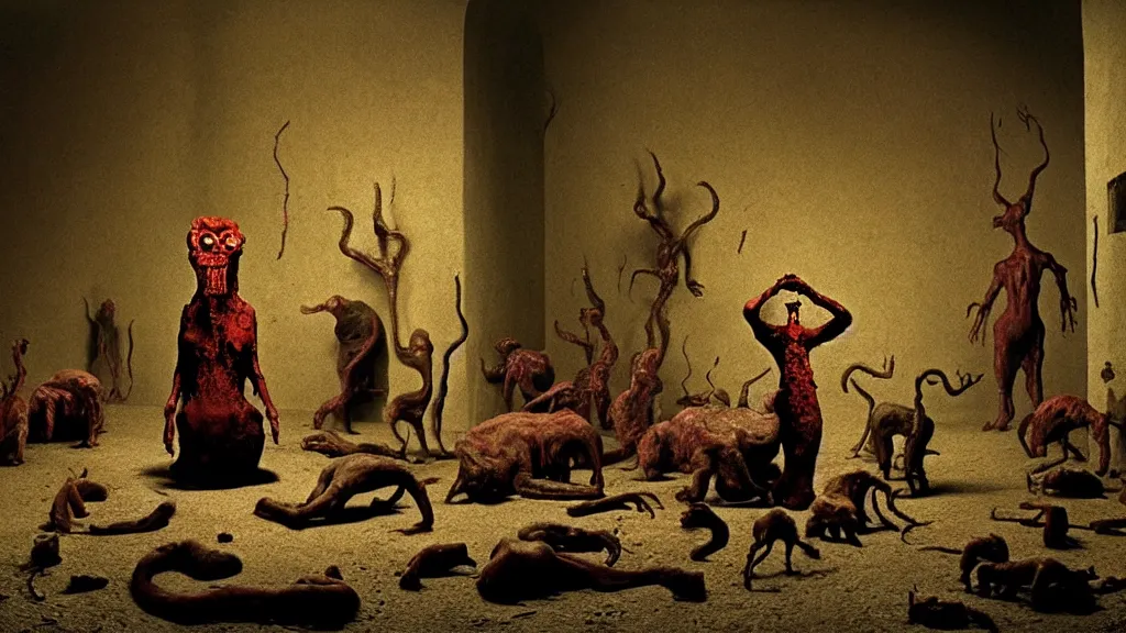 Image similar to the creature in the basement, made of ceramic and blood, surrounded by animals, film still from the movie directed by denis villeneuve and david cronenberg with art direction by salvador dali and zdzisław beksinski, wide lens