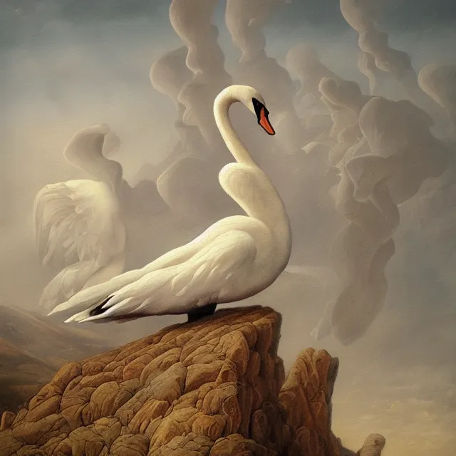 Image similar to a painting of a mount in the shape of a swan by johfra bosschart, dark fantasy art, high detail, trending on artstation