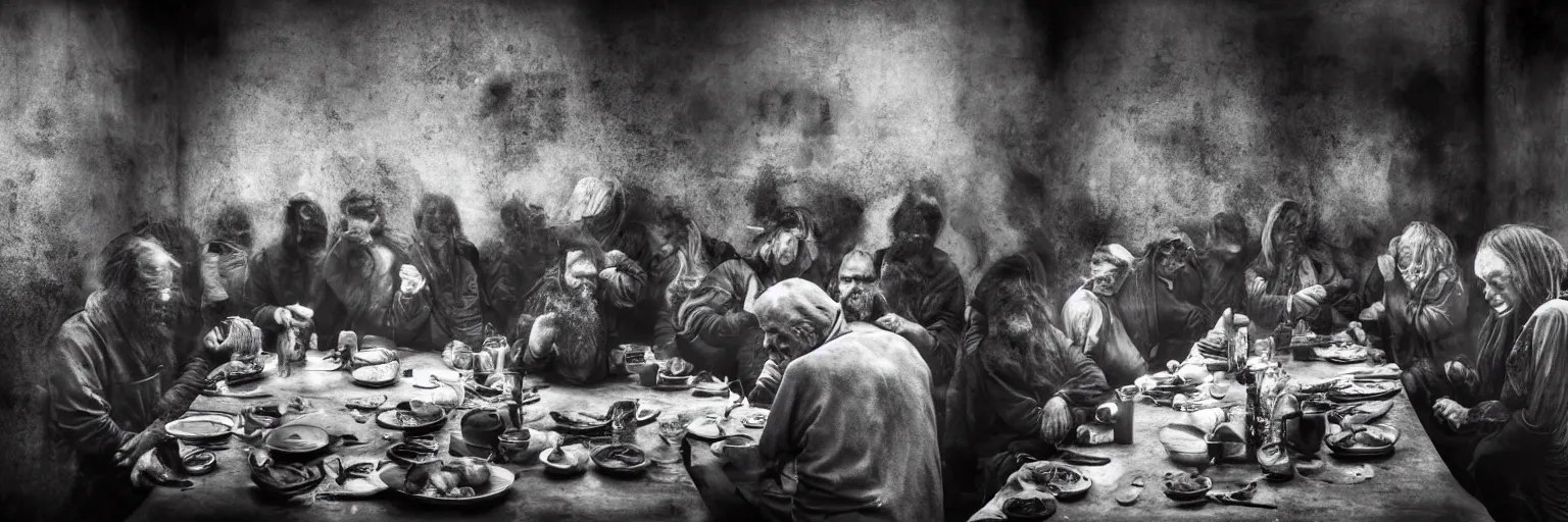 Image similar to Award Winning Editorial wide-angle picture of a Tramps in a Soup Kitchen by David Bailey and Lee Jeffries, called 'The Last Supper', 85mm ND 5, perfect lighting, gelatin silver process