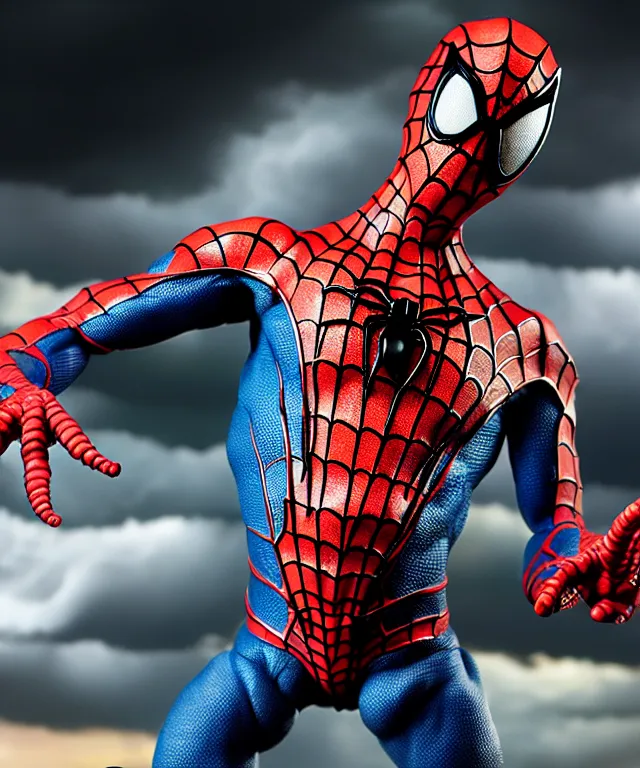 Prompt: hyperrealistic rendering, epic boss battle, cronenberg flesh monster spider man, by art of skinner and richard corben, product photography, collectible action figure, sofubi, hottoys, storm clouds, outside, lightning