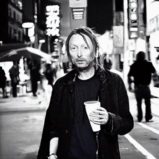 Prompt: “ thom yorke is buying ice - cream at the dirty ice - cream booth in the street, movie screenshot, cinematic, epic, dramatic ”