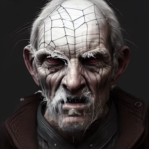 Image similar to an old man with thick thick thick cobwebs cobwebs cobwebs covering his entire face, cobwebs, spooky, atmosphere, detailed, realistic, unreal engine, cgsociety, by wlop and artgerm