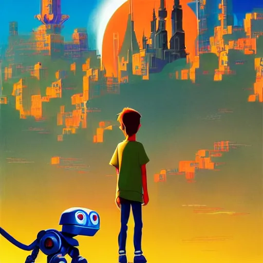 Prompt: a spectacular film poster of an adventurous boy ( facing the camera ) and his small robot friend, modern city background, eleborate composition with foreground and background, depth of field, fantasy illustration by kyoto studio and don bluth, disney animation film poster, cinematic lighting