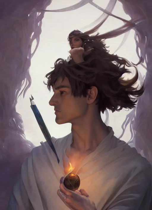 Image similar to character concept portrait of an attractive young Spanish wizard with tan skin conjuring a wind spell, a floating iridescent spell book in the center, intricate, elegant, digital painting, concept art, smooth, sharp focus, illustration, from Metal Gear, by Ruan Jia and Mandy Jurgens and William-Adolphe Bouguereau, Artgerm