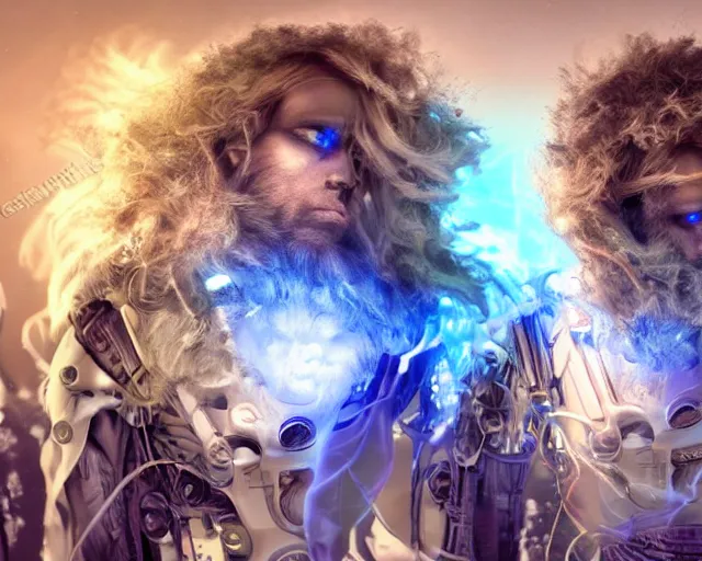 Prompt: cybermagnetosphere, beautiful hairy humanoids, love, joy, complex cybernetic beings, glowing hair, vortexes, large arrays, ornate hair, cinematic light shadows, wet hdr refractions, contrasted, cybernetic civilizations, 8 k, * * * * *