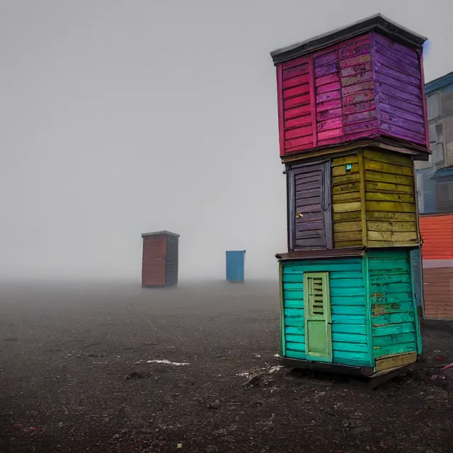 Image similar to two towers, made up of colourful makeshift squatter shacks, uneven fog, dystopia, sony a 7 r 3, f 1 1, fully frontal view, photographed by jeanette hagglund