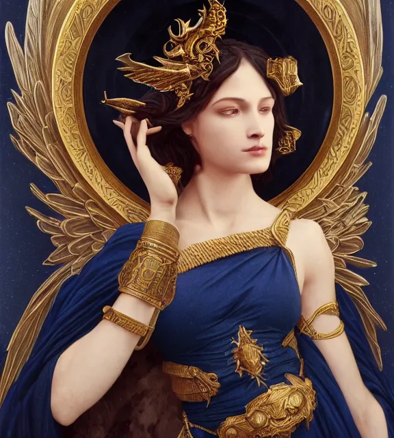 Image similar to god of death, in the underworld, elegant dark blue dress, very detailed, throne, very intricate details, jewelry, gold line tattoos, elaborate long hairstyle, wings, cinematic, artstation, william bouguereau, alphonse mucha, greg rutkowski, rossdraws, octane render