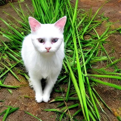 Prompt: Vietnamese white cat wearing a rice hat