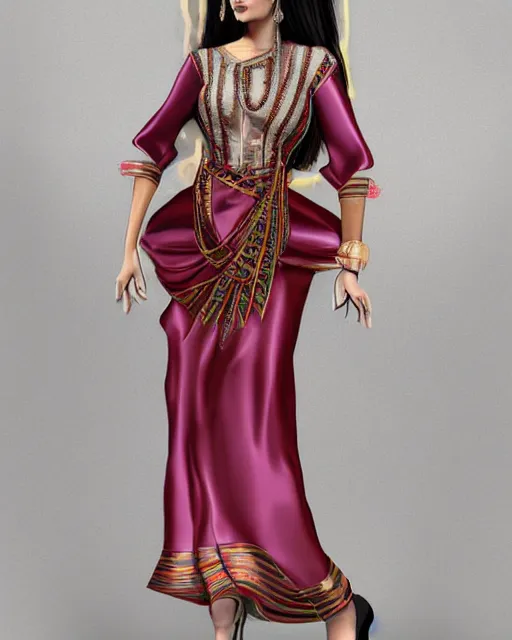 Prompt: mekhela sador with gamosa style design, Assamese aesthetic, fashion design by donna karan, modern stylish glamour body hugging cosplay, marvelous designer 3d rendered